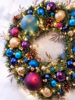 A decadent wreath of colourful abundance with rich golds, deep turquoise, royal purples and touches of flamboyant pinks. A real warm welcome home for anyone.